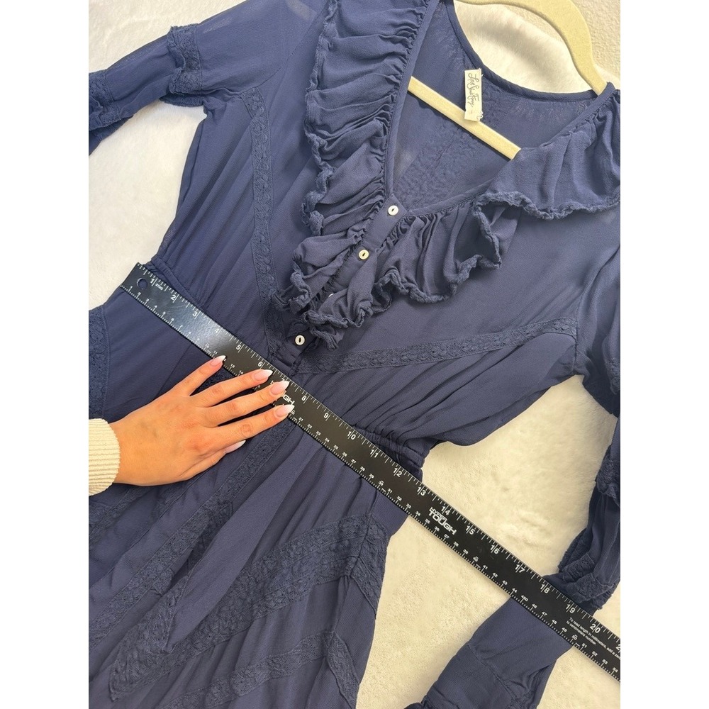 LoveShackFancy Dress Womens M Navy Blue Pre-Owned Ruffle Lace Hem Mini Dress - Picture 4 of 12
